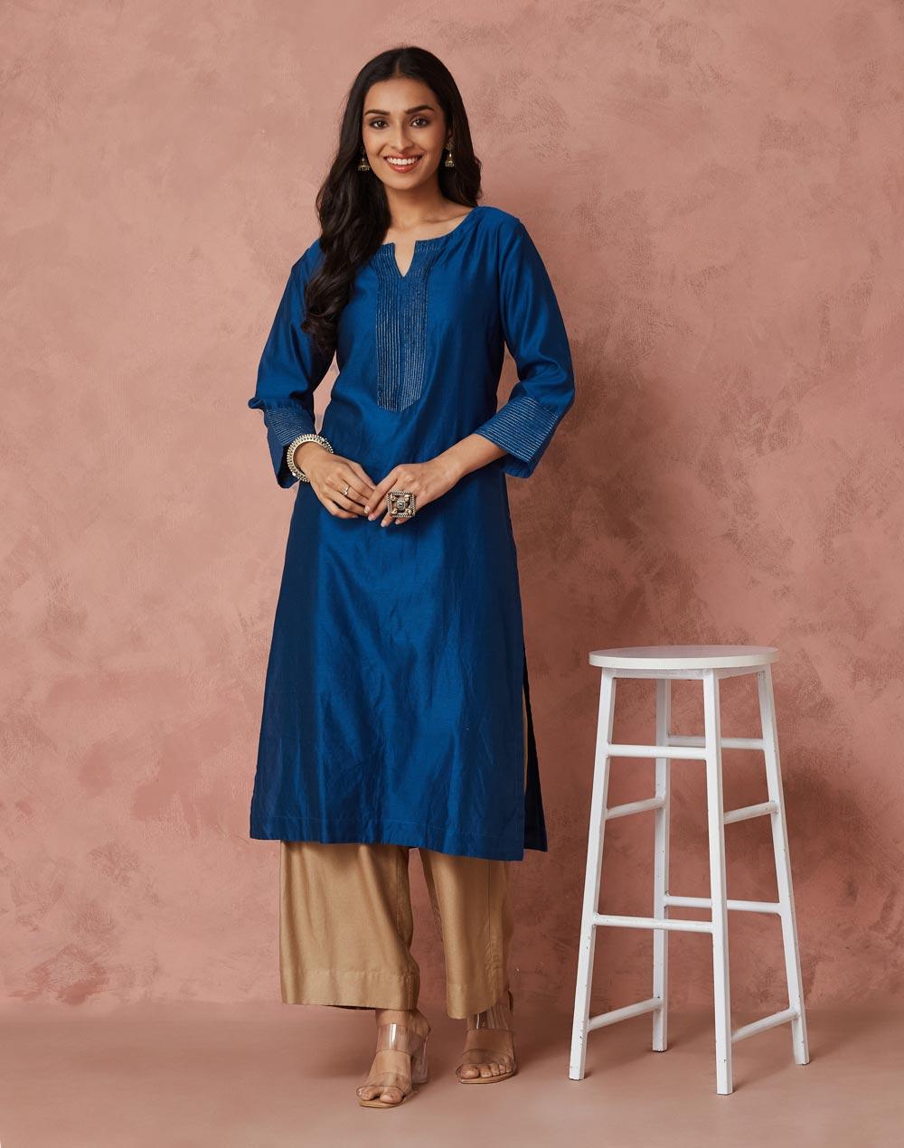 Blue Cotton Silk Embroidered Long Kurta - Image 1