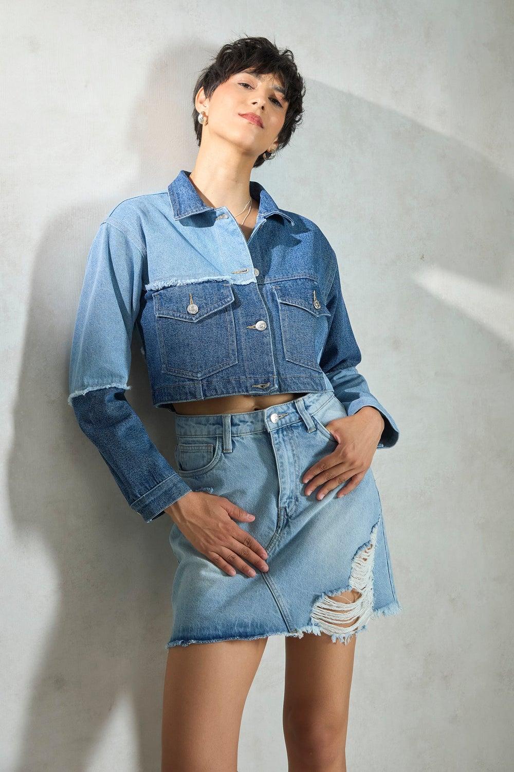Virgio Women Washed Crop Denim Jacket with Patchwork - Image 1