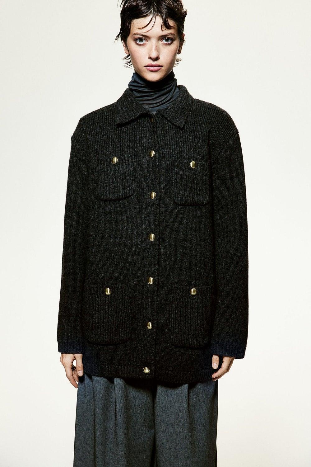 Rib-Knit Wool Cardigan with Collar and Gold Buttons - Image 1