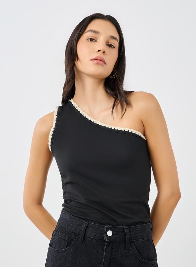 Contrast Trim One Shoulder Knit Top - Image 1