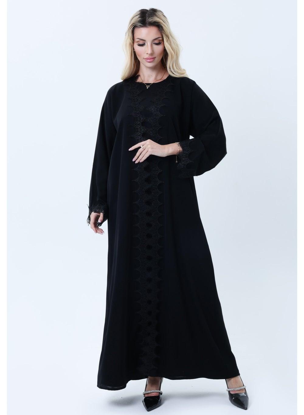 3-Piece Black Abaya Set with Lace Detailing - Image 1