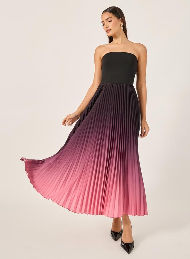 Ombre Pleated Midi Dress with Strapless Black Bodice - Image 1