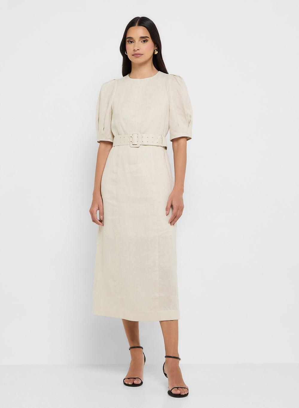 Belted Puff Sleeve Midi Dress - Image 1