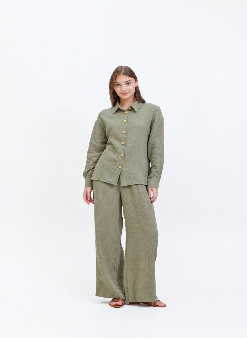 Olive Green Muslin Textured Two Piece Suit - Image 1