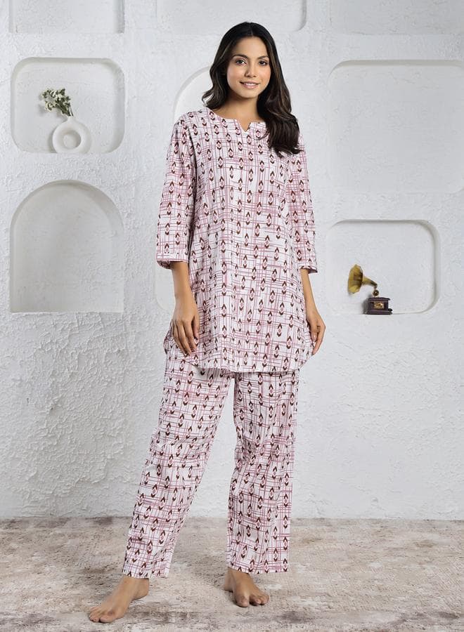 Pink All-Over Printed Cotton Top and Pyjama Set - Image 1
