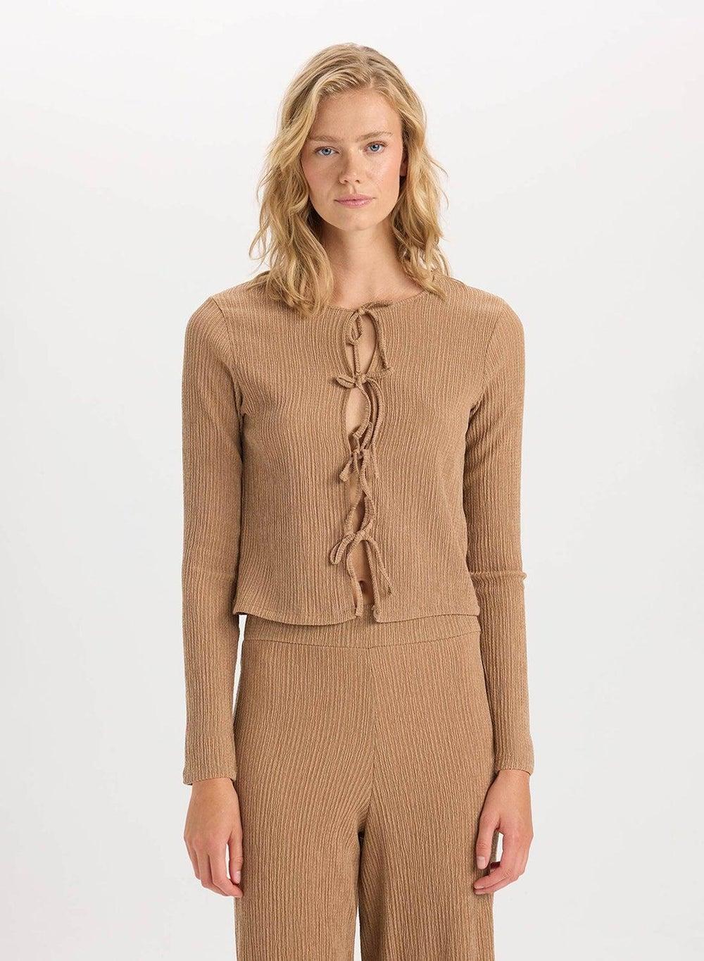 Regular Fit Ruched Crew Neck Long Sleeve Cardigan - Image 1