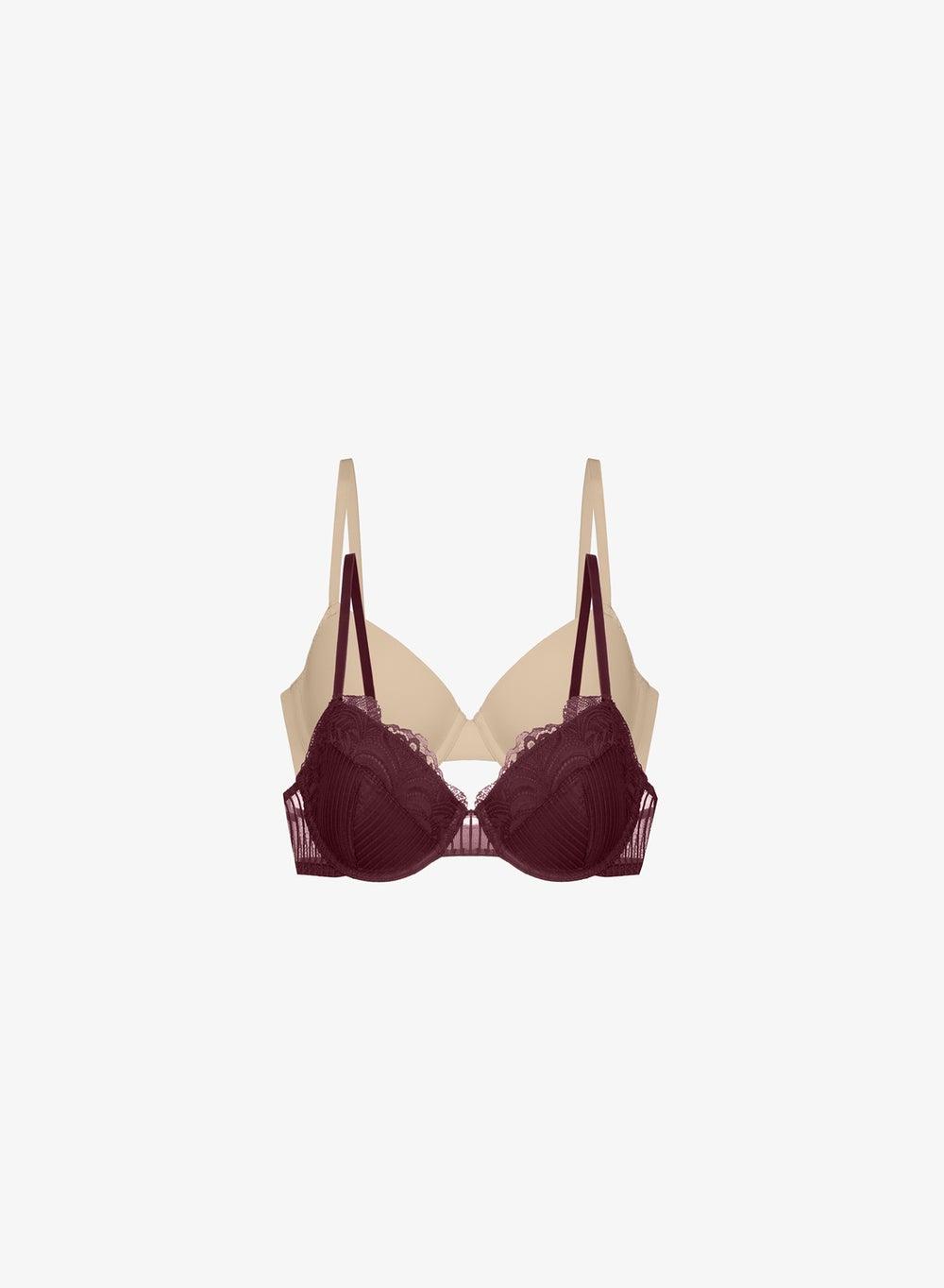Light Padded Demi Bra 2-Pack in Bordeaux & Beige - Image 1