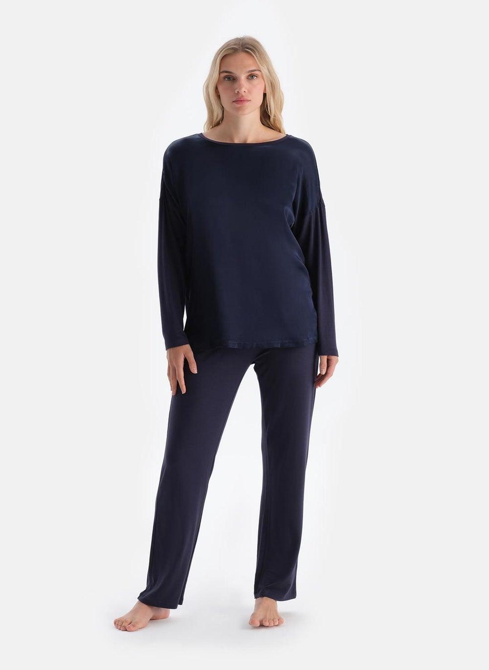Blue Modal Crew Neck Long Pajama Set for Women - Image 1