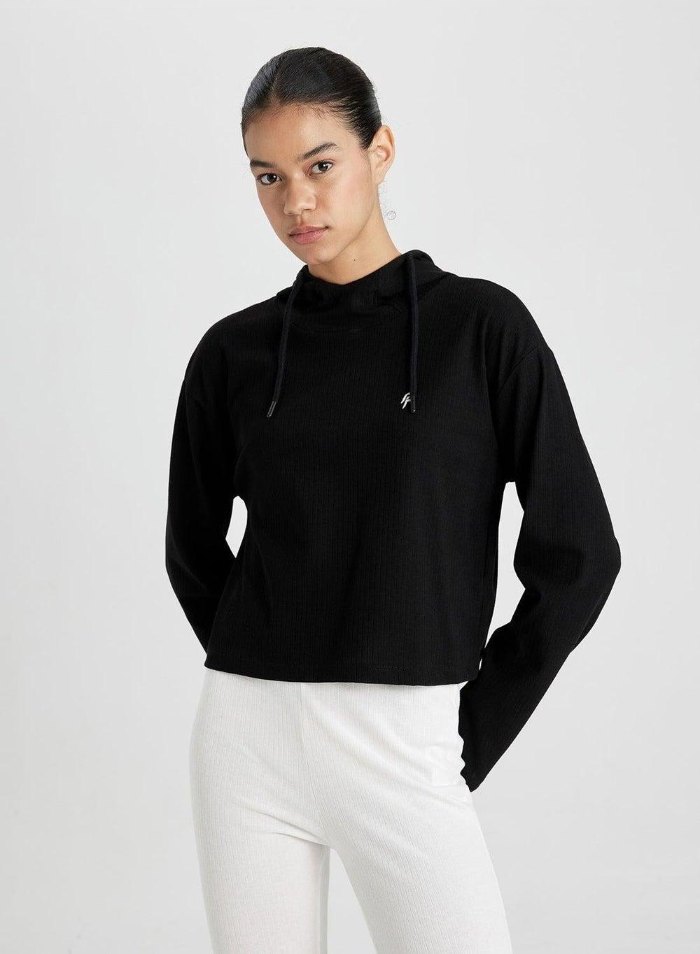 Defactofit Standard Fit Hooded Embroidered Ribbed Long Sleeve T-Shirt - Image 1
