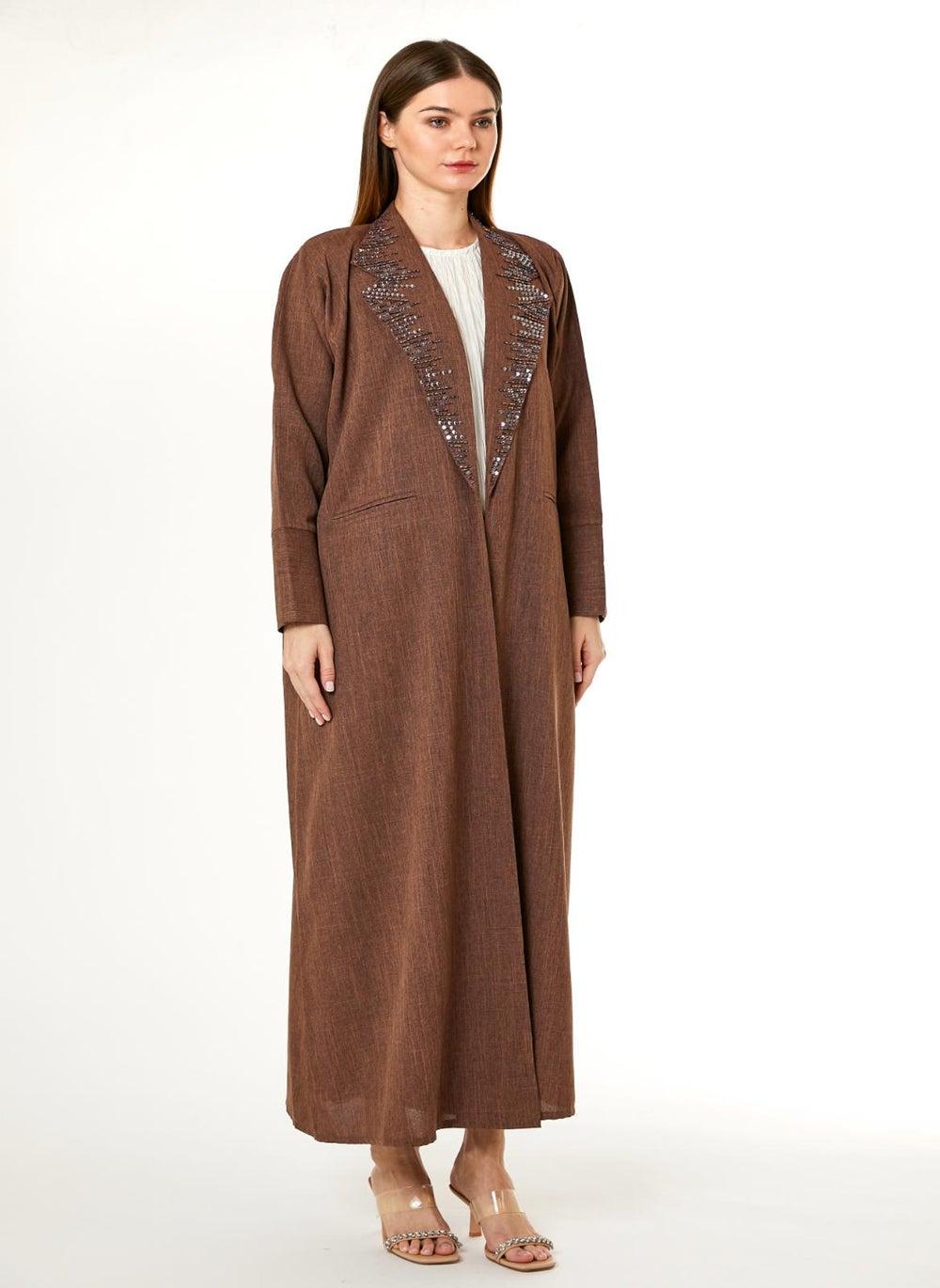 Brown Melange Hand Embellished Abaya with Matching Scarf - Image 1