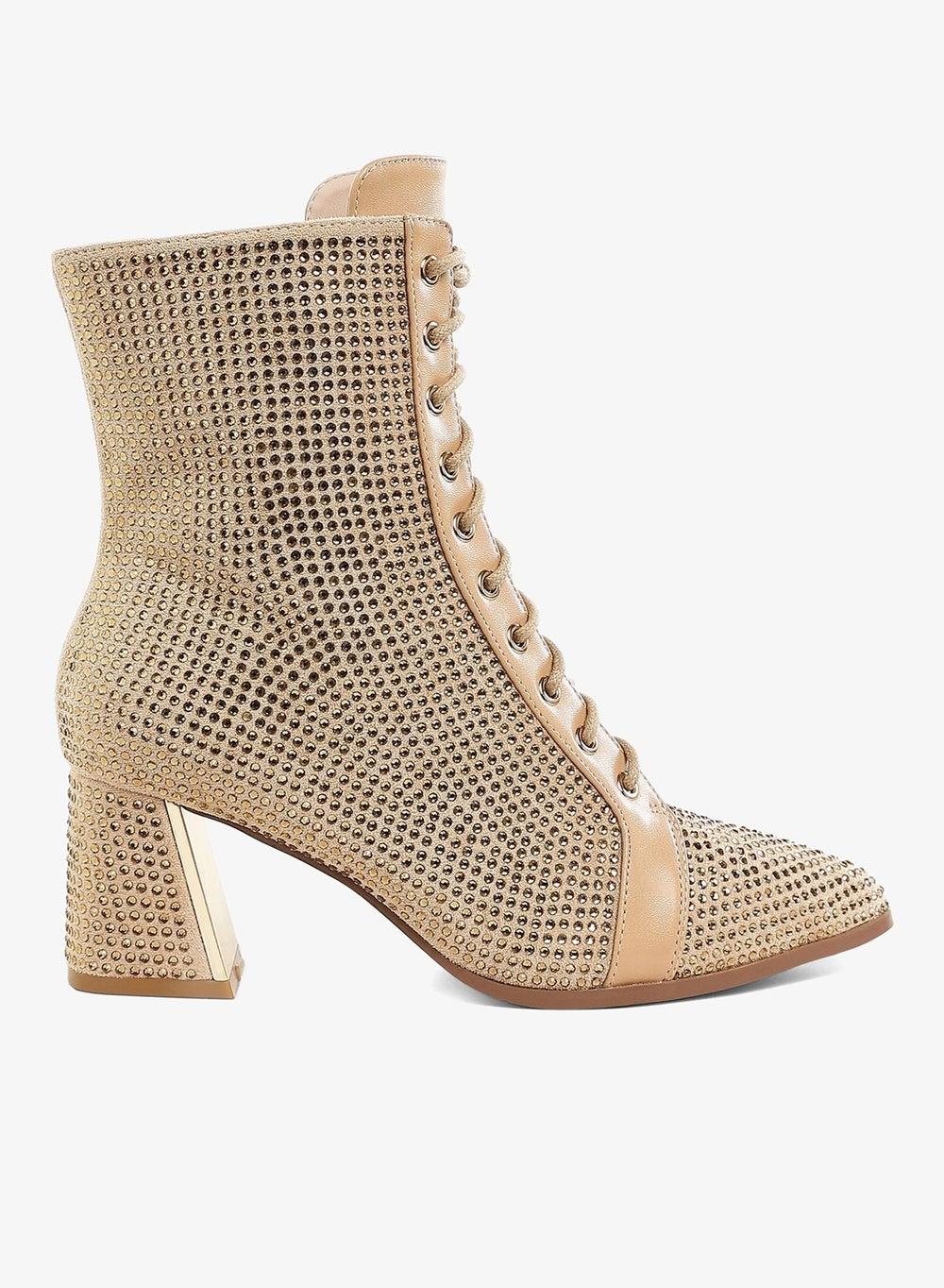 Beige Rhinestone Embellished Lace-Up Ankle Boots - Image 1