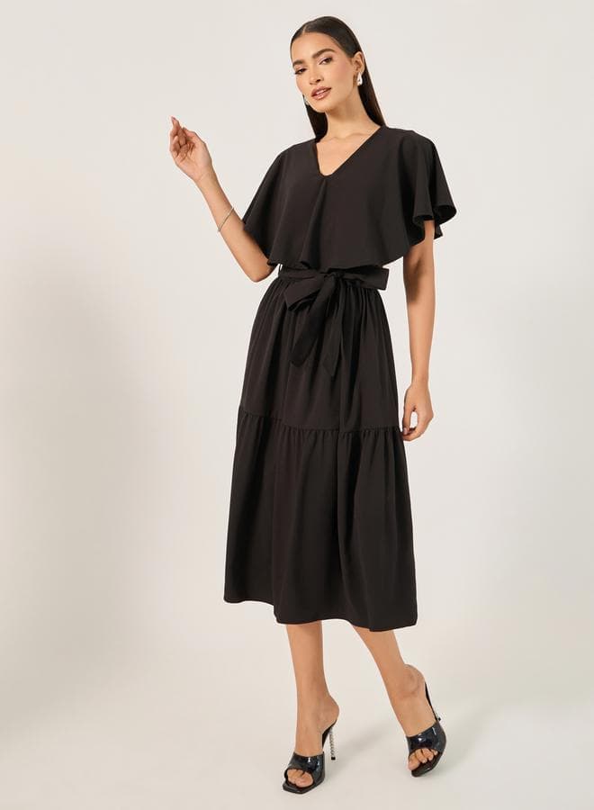 Black Tiered Midi Dress with V-Neck and Waist Tie - Image 1