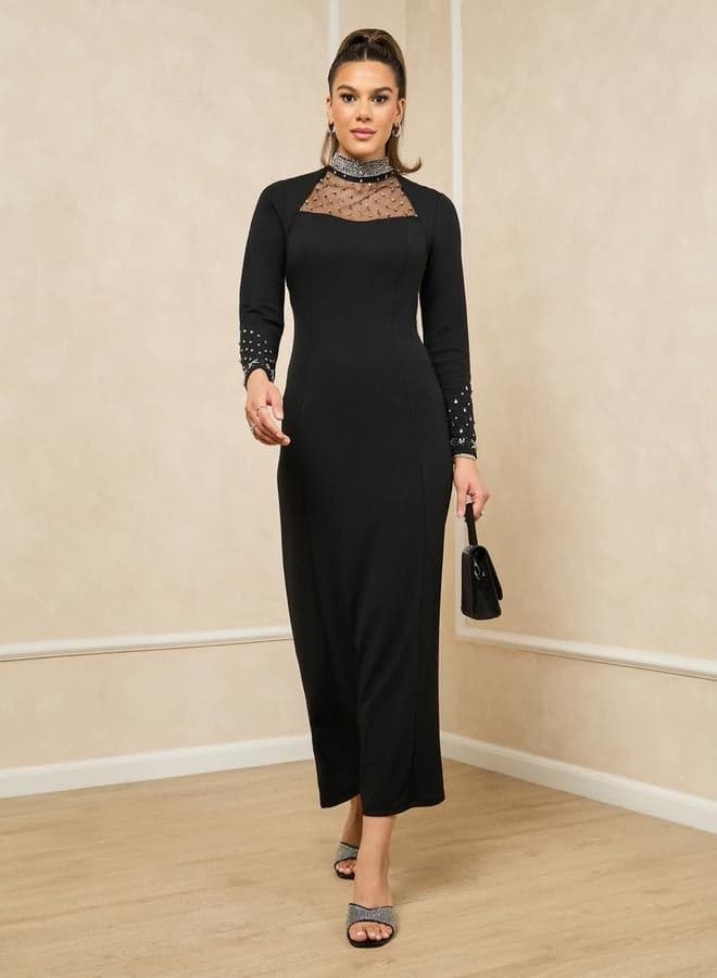 Embellished Neckline Black Column Maxi Dress - Image 1
