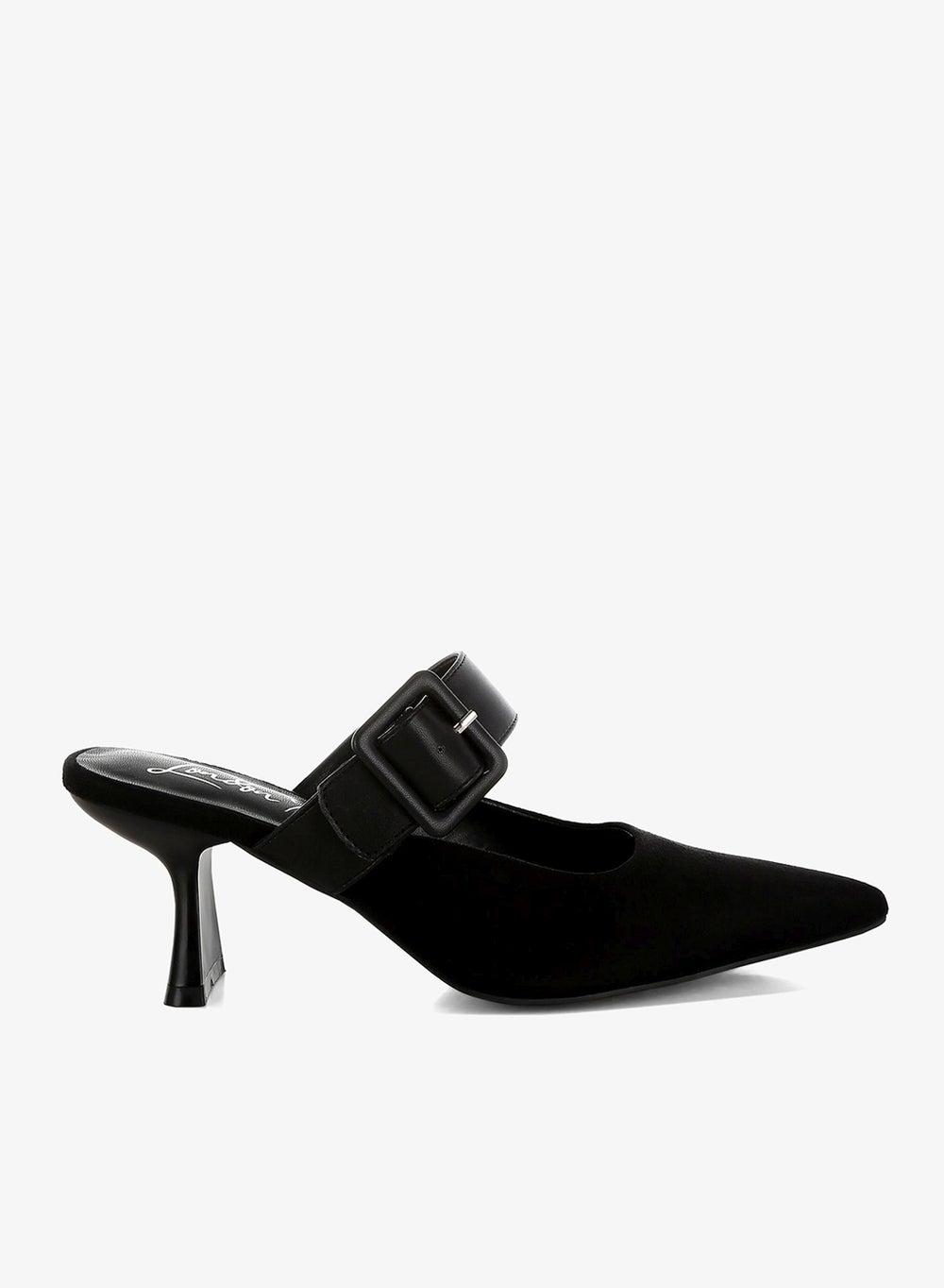 Black Pointy Microfiber Slip-On Mules with Buckle Strap - Image 1