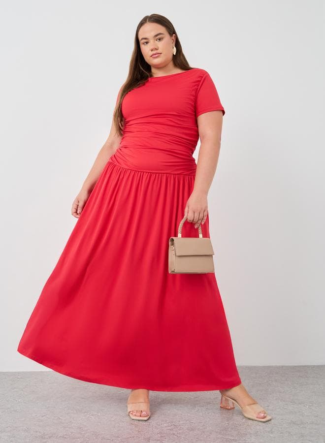 Plus Size Short Sleeve Gathered Detail A-Line Maxi Dress - Image 1