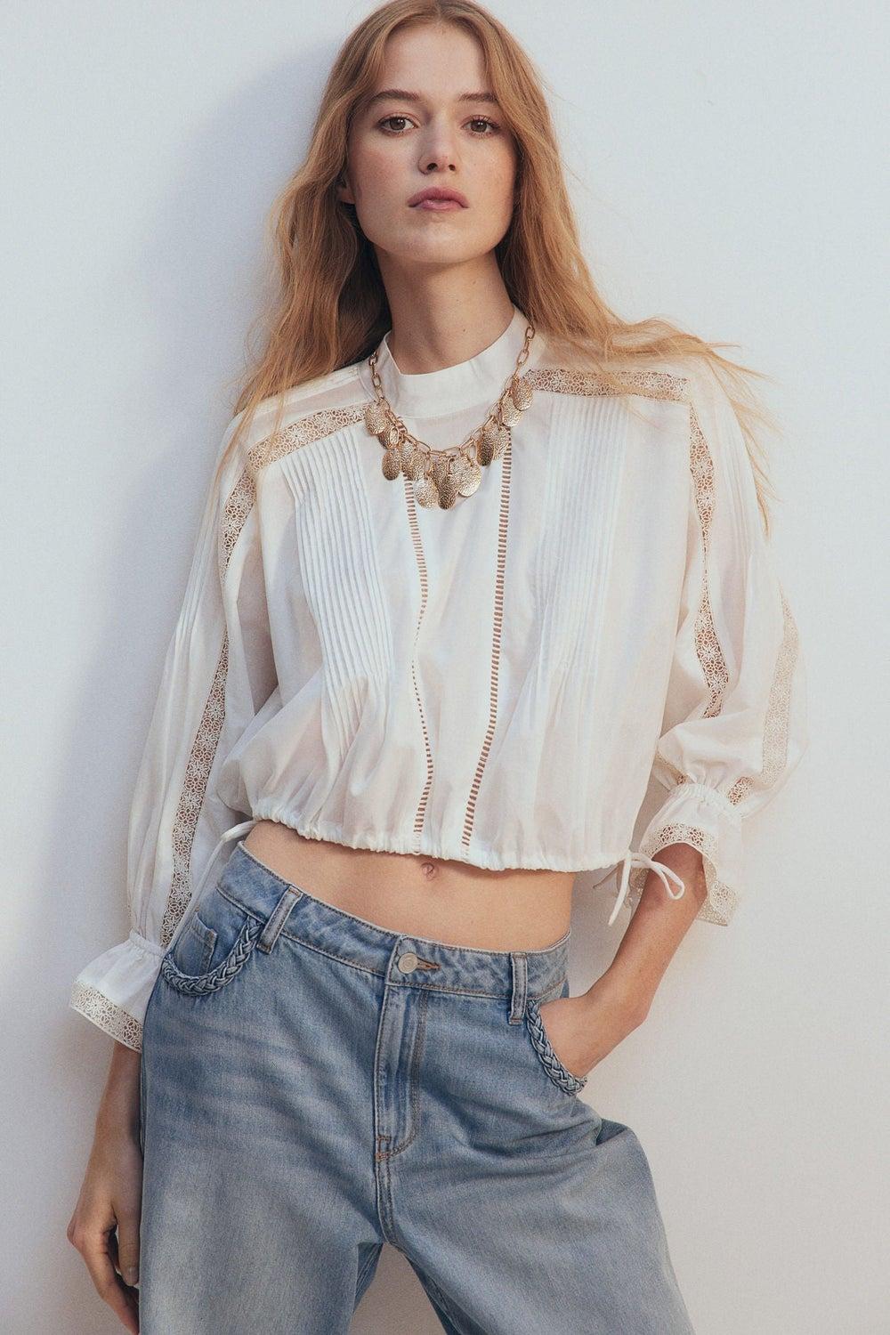 Lace-Inset Cotton Blouse with Pintucks - Image 1