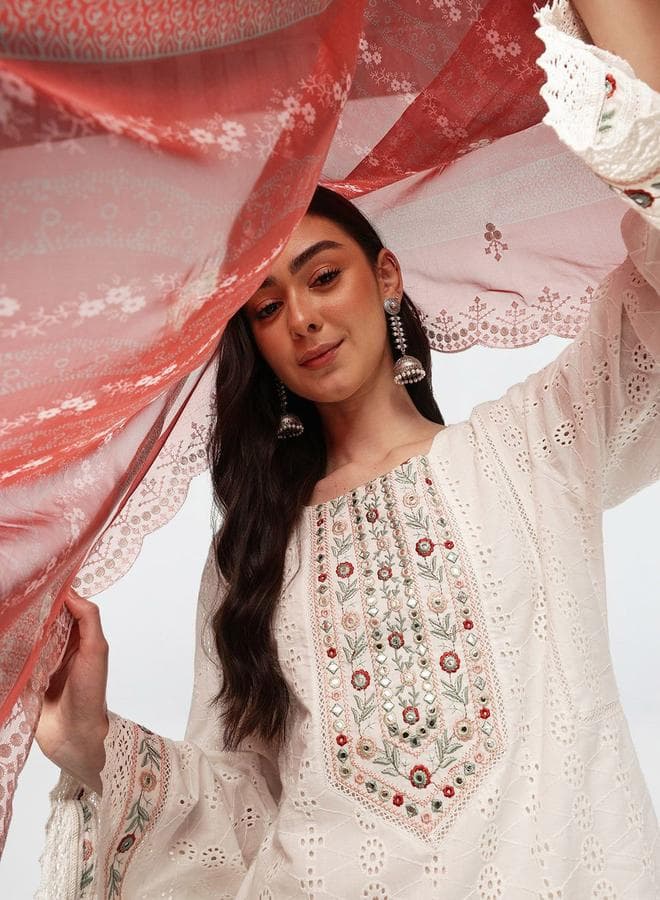 Women's Off White Cotton Embellished 3 Piece Kurta Set - Image 1