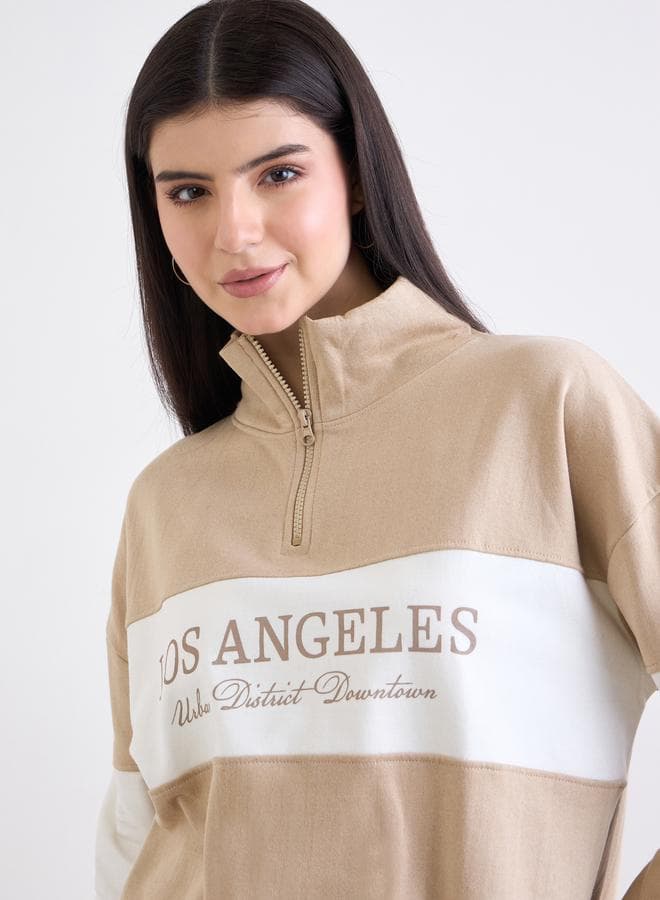 Styli Beige Longline Slogan Print Sweatshirt - Image 1