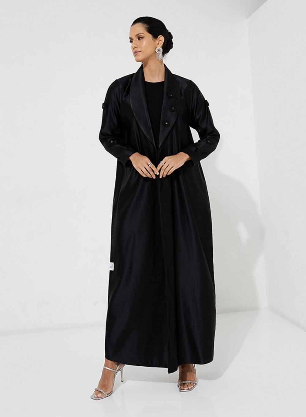 Black Flower Embroidered Open Abaya Jacket Style - Image 1