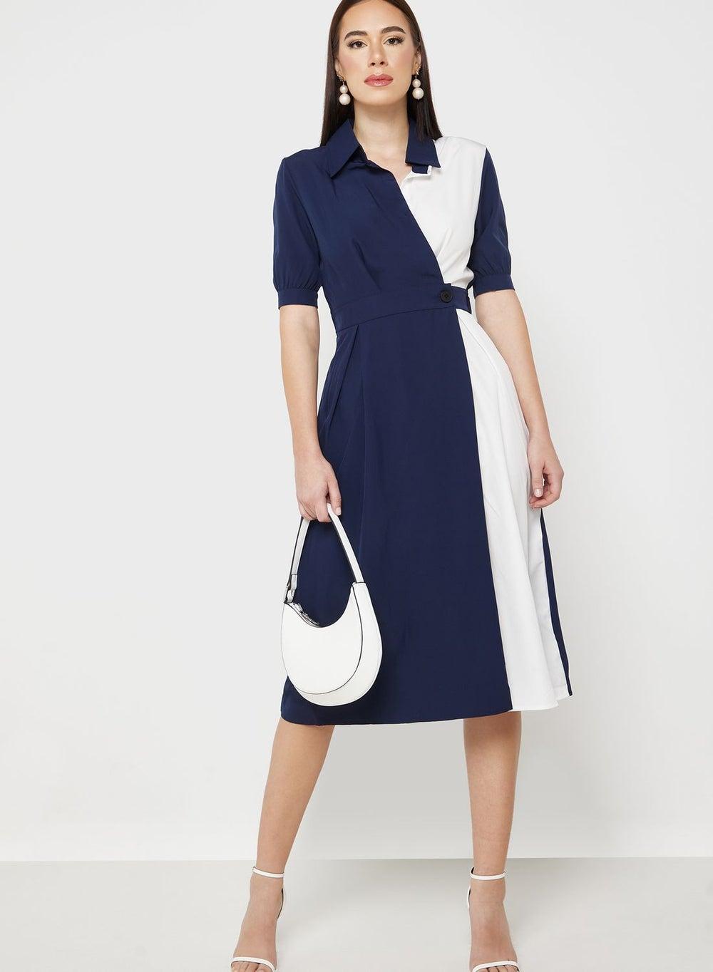 Colorblock Wrap Midi Dress with Button Front - Image 1