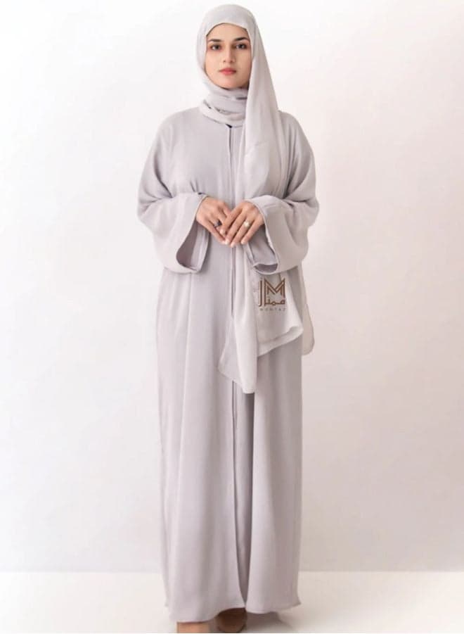 Ash White Textured Front Open Abaya With Buttons - Image 1