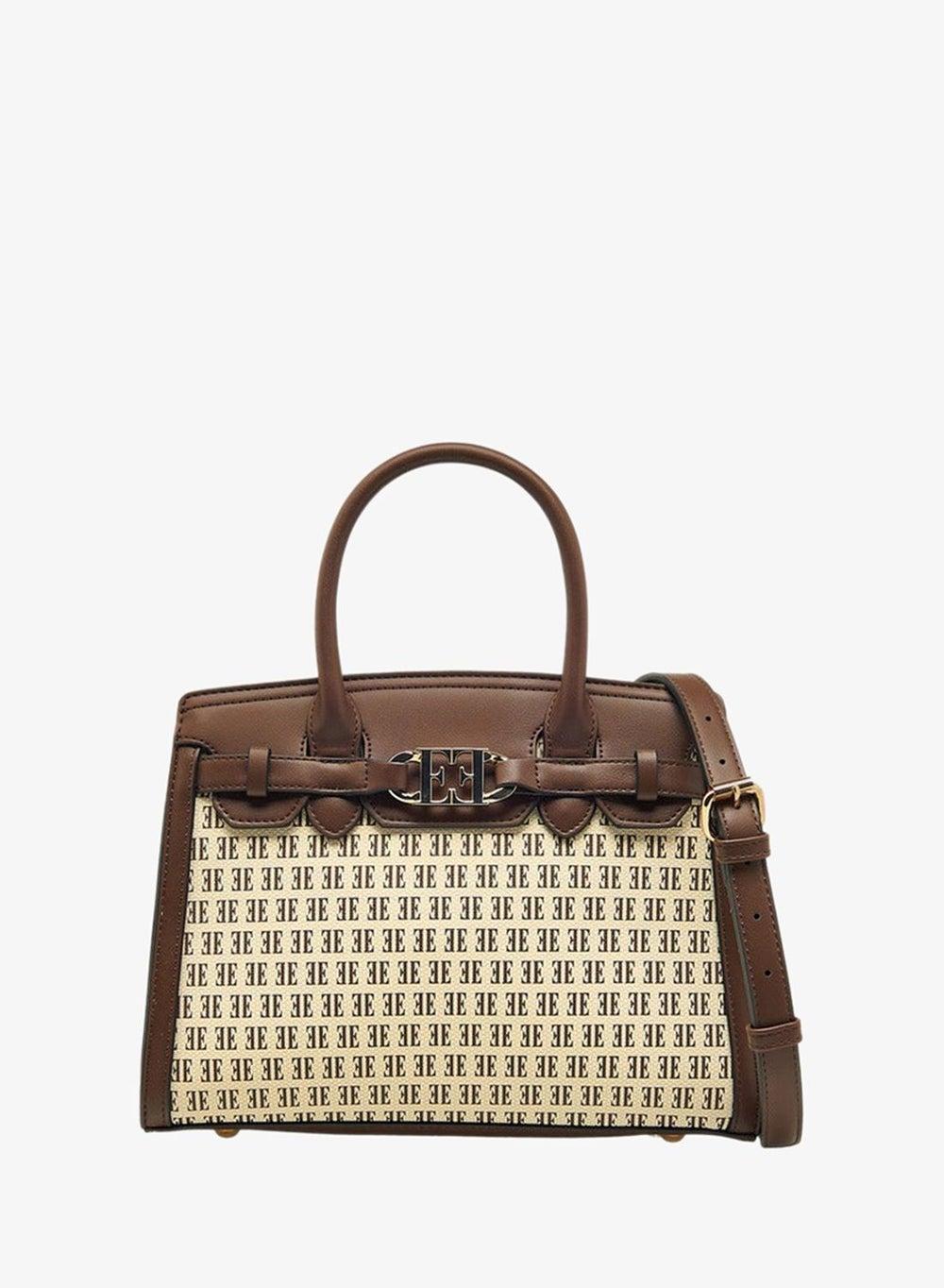 Monogram Print Tote Bag with Zip Closure and Double Handles - Image 1