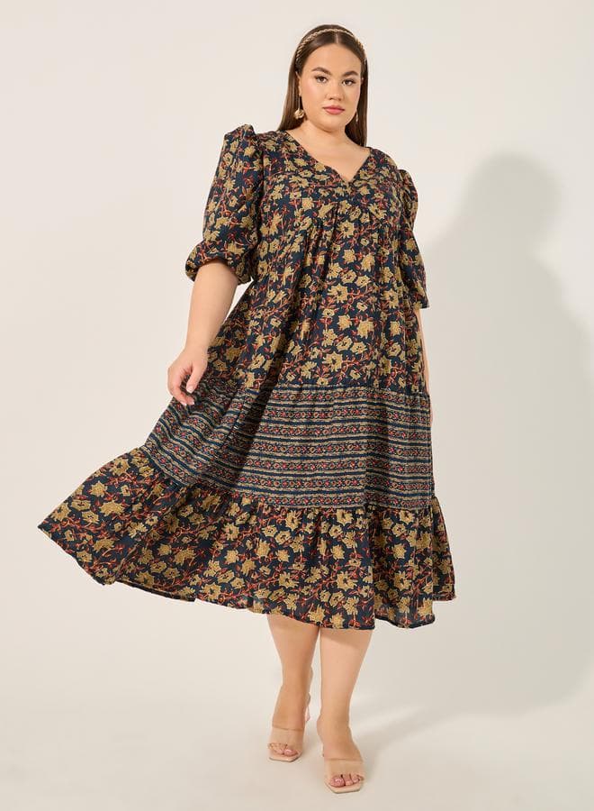 Floral Print Midi Dress with Puff Sleeves - Image 1