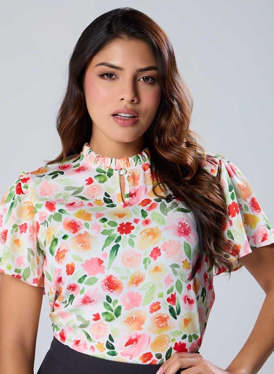 Printed Satin Flared Sleeve Top - Image 1