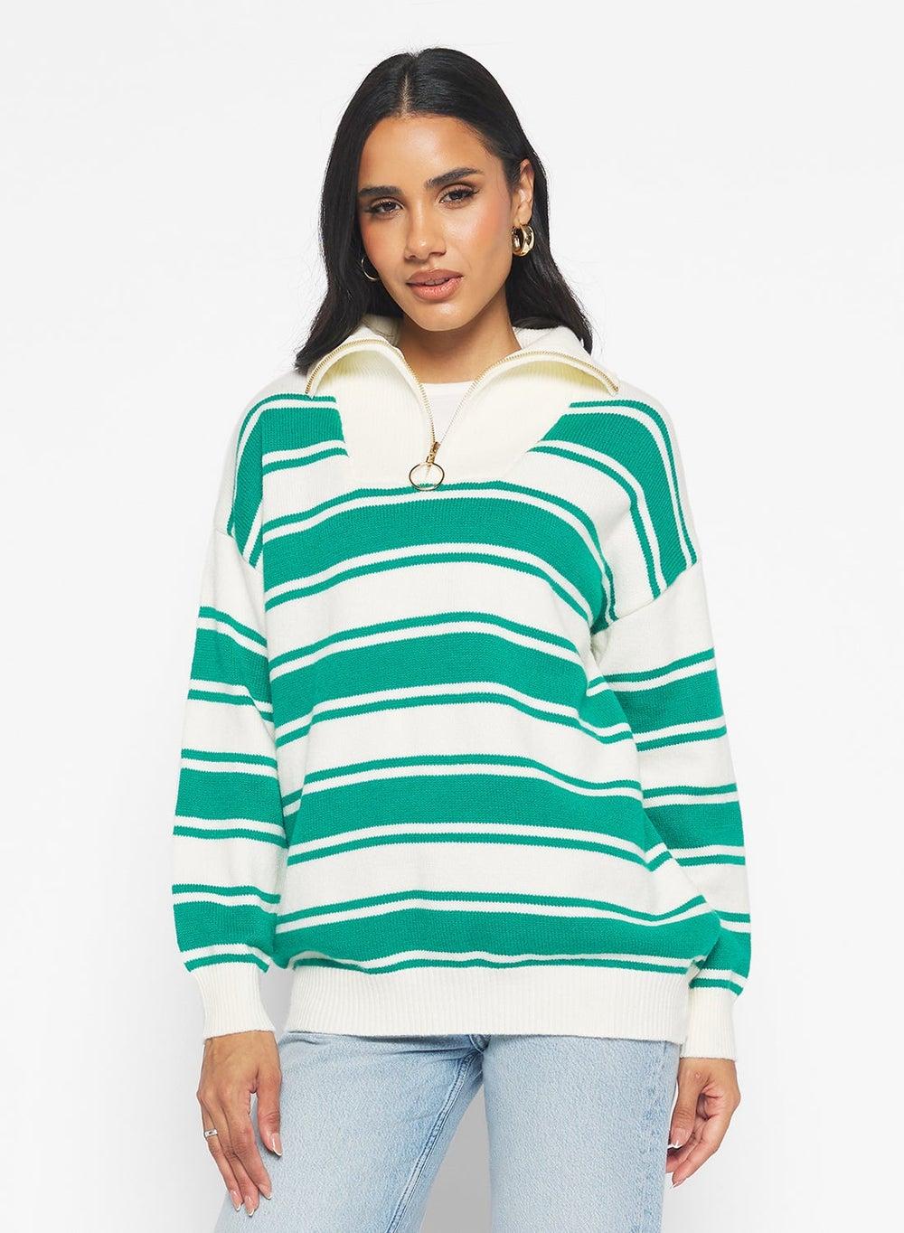 Half Zip Varsity Stripe Knit Sweater - Image 1