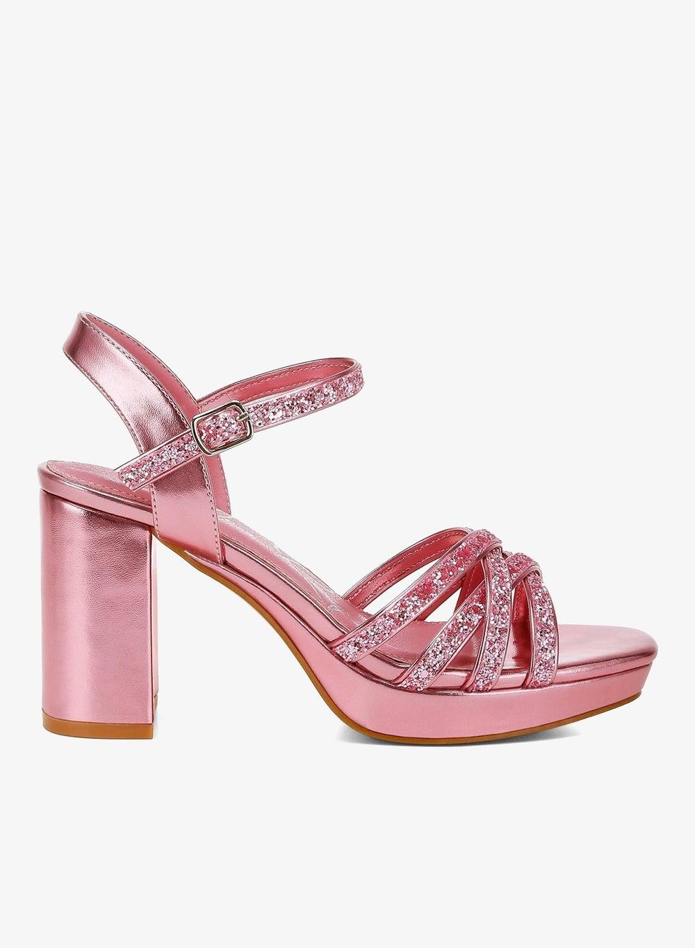 Pink Glitter Strappy Block Heel Sandals - Image 1