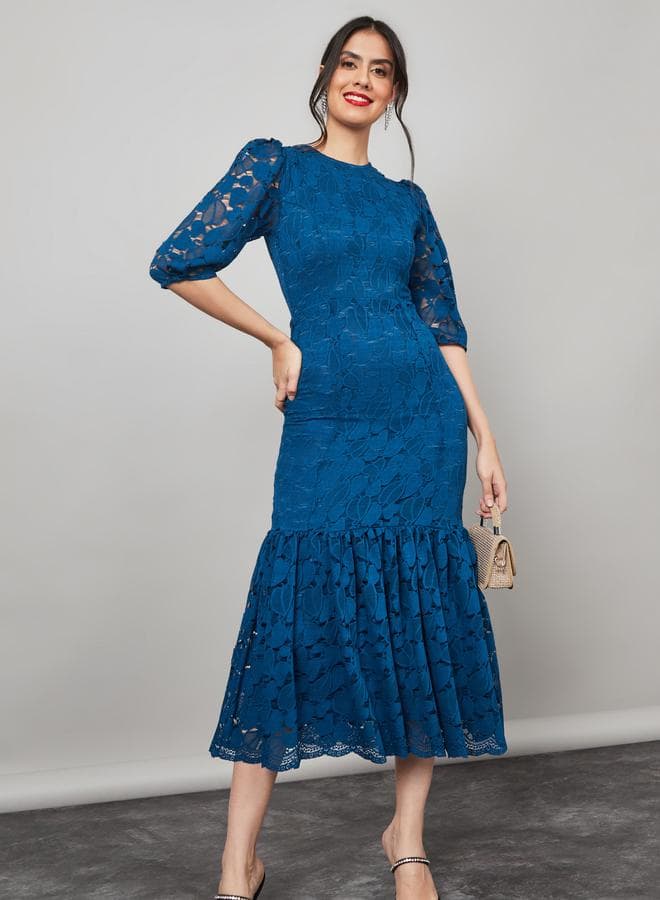 Styli Lace Insert Frill Hem 3/4 Sleeve Midi Dress - Image 1