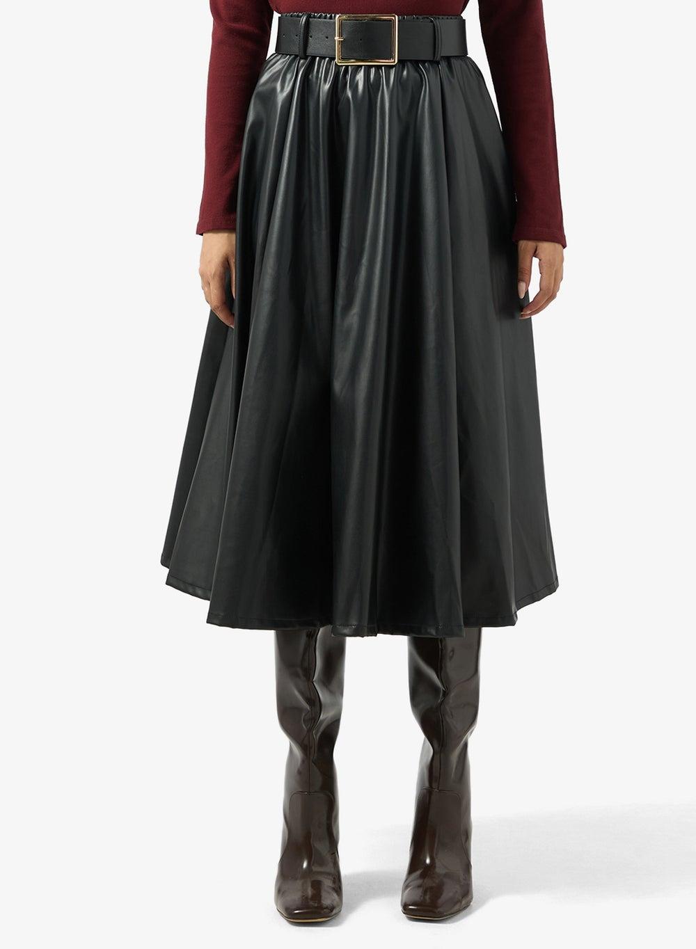 Black Faux Leather A-Line Box Pleat Midi Skirt - Image 1