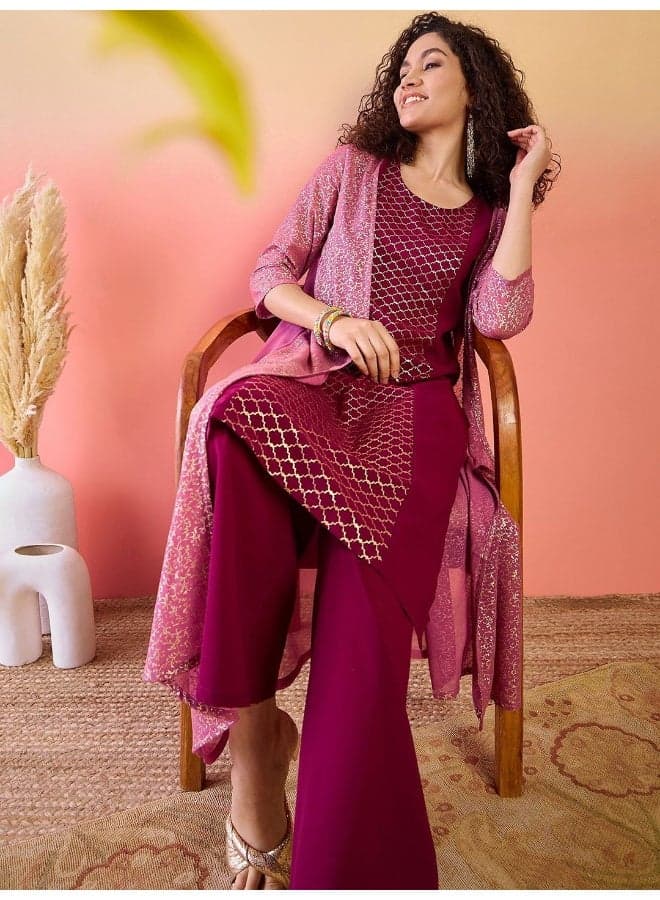 Mauve and Wine Gold Printed Kurta Set with Jacket - Image 1