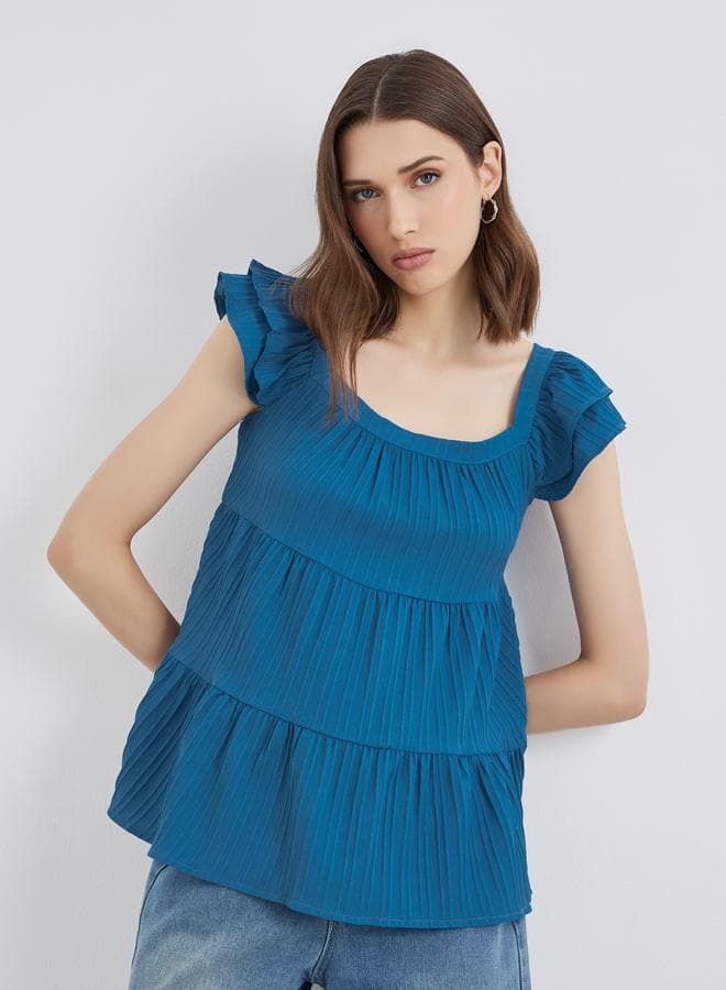 Texture Ruffled Sleeve Square Neck Top - Image 1