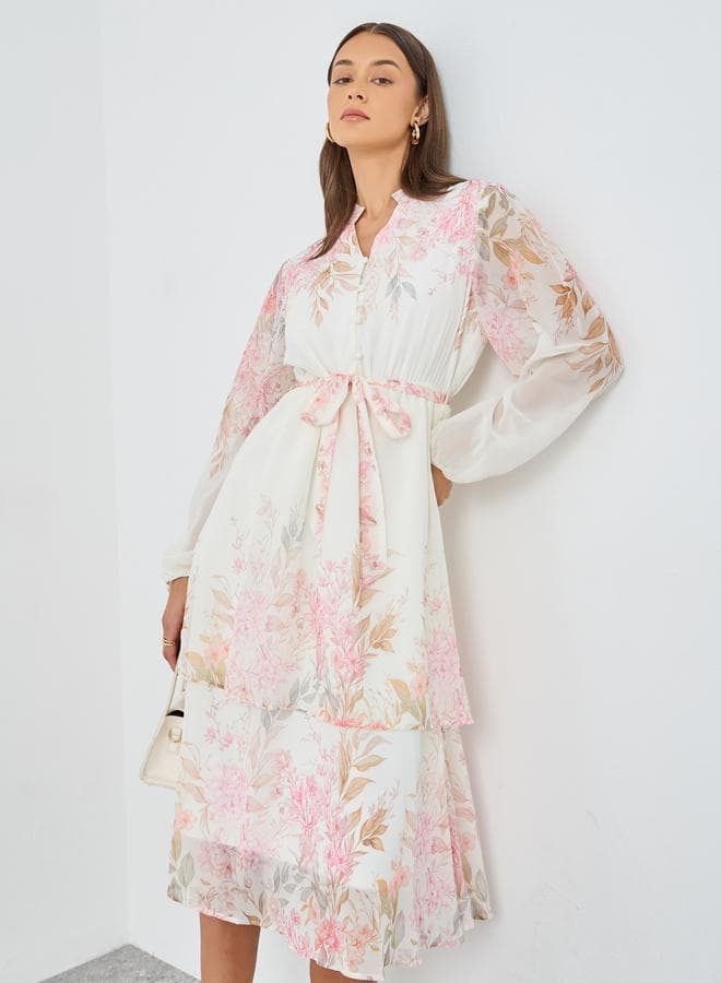 Floral Print Layered Midi Dress - Image 1