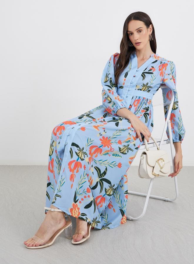 Styli All Over Print Buttoned A-Line Maxi Dress - Image 1