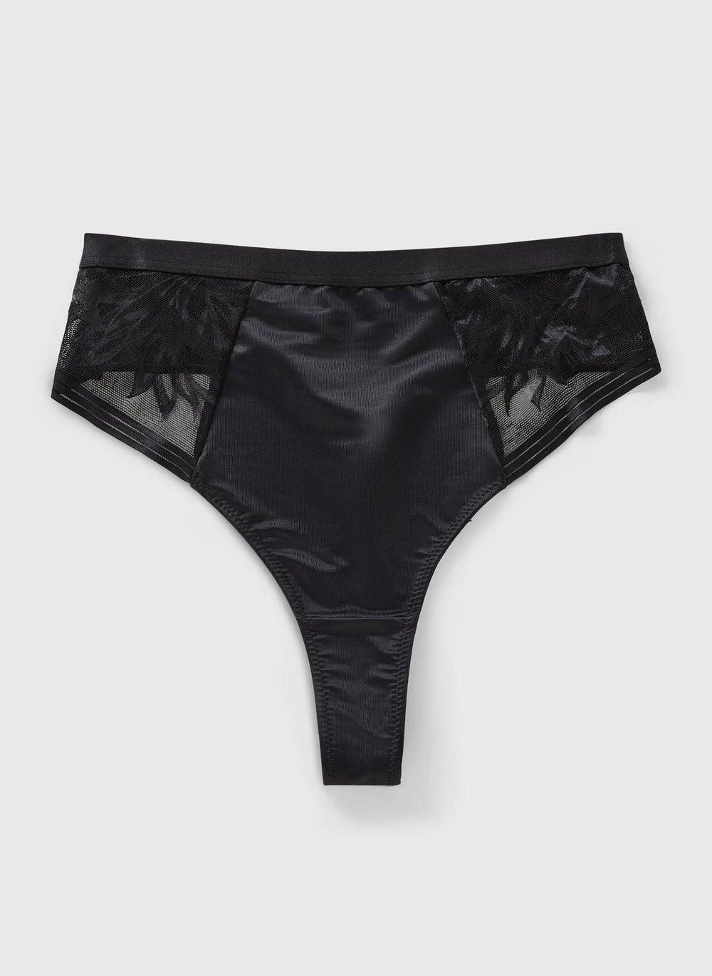 Black Lace Thong Brief with Floral Detail - Image 1
