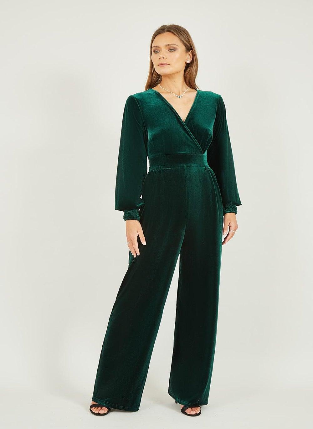 Green Velvet Long Sleeve Wrap Jumpsuit - Image 1