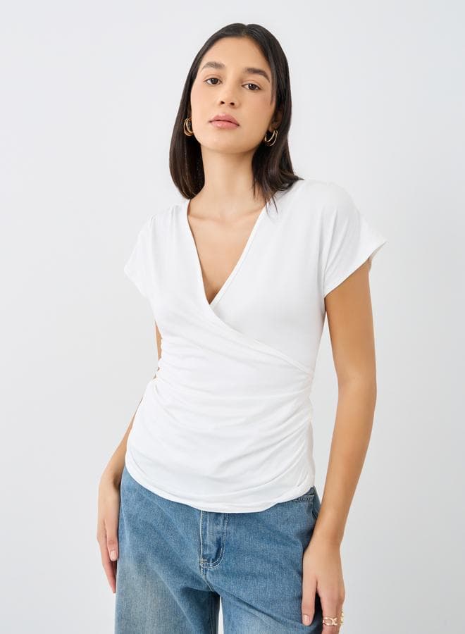 Short Sleeve V Neck Knit Wrap Top - Image 1
