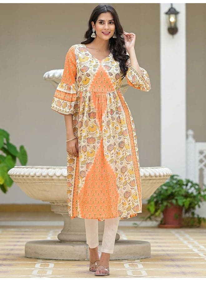 Peach & Cream Nyra Cut Floral Kurta - Image 1