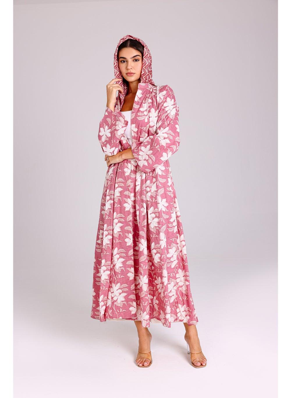 Autumn Leaves Print Pink Abaya - Image 1