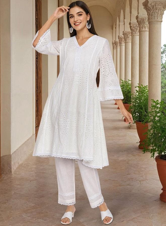 Off White Cotton Embroidered Straight Fit Kurta Palazzo Set - Image 1