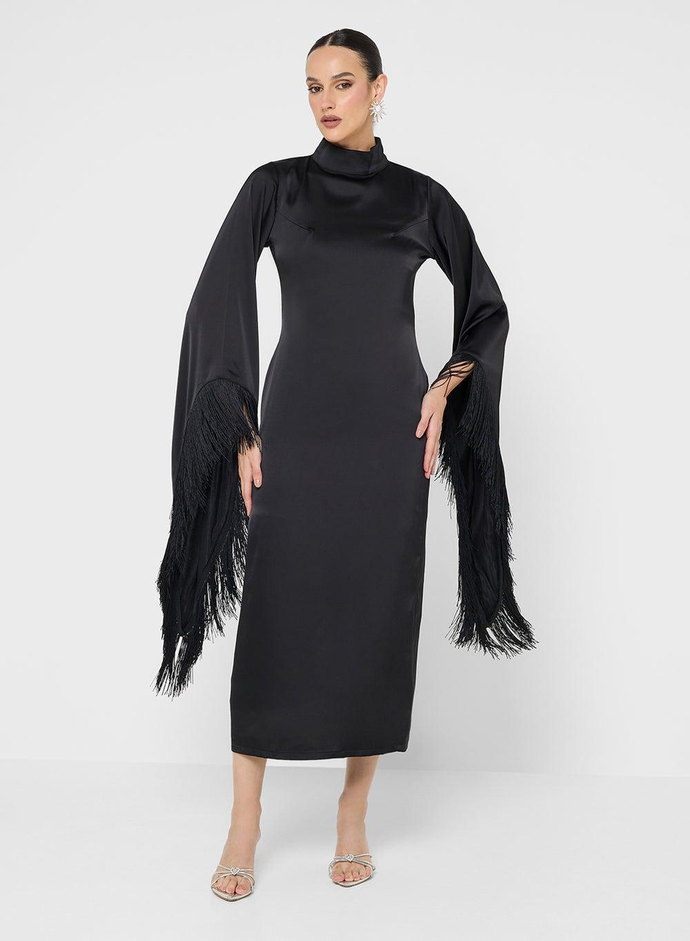 Black Long-Sleeve Robe Dress with High Neckline - Image 1