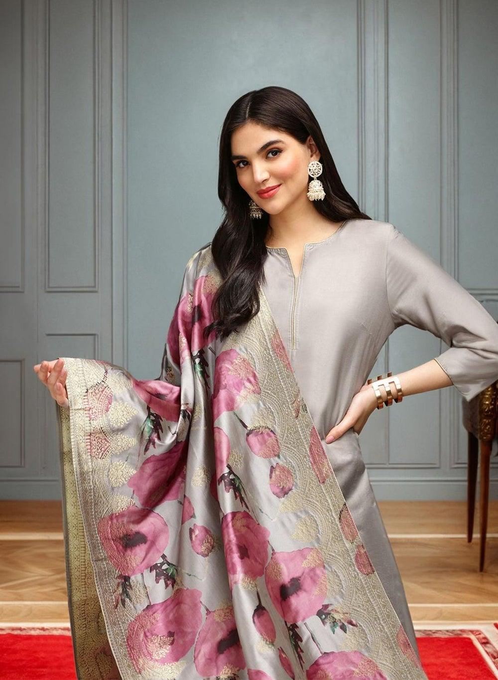 Grey Self Design Full Length Palazzo Kurta Set - Image 1