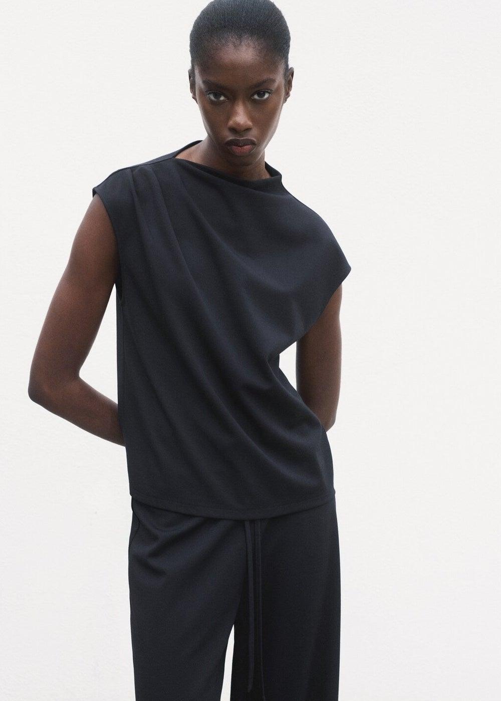 Gathered Asymmetrical Neck Sleeveless T-Shirt - Image 1