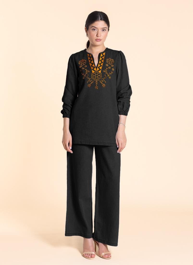 Embroidered Soft Top Denim Pants Set - Image 1