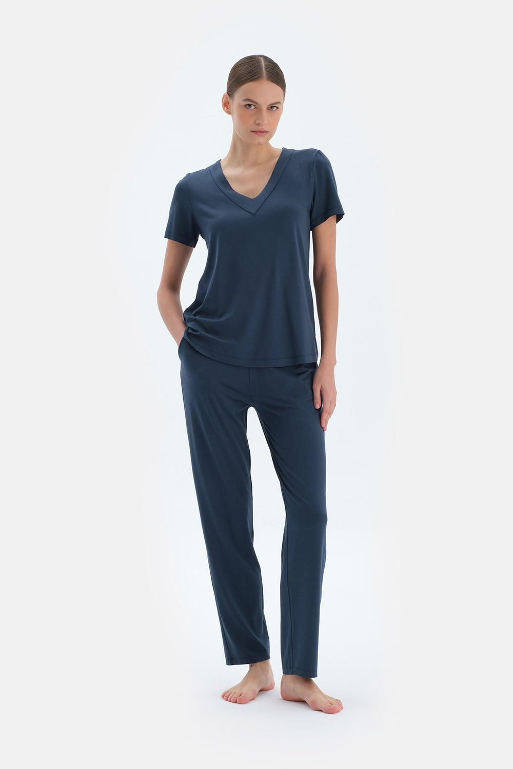 V Neck Viscose T-Shirt & Trousers Pajama Set - Image 1