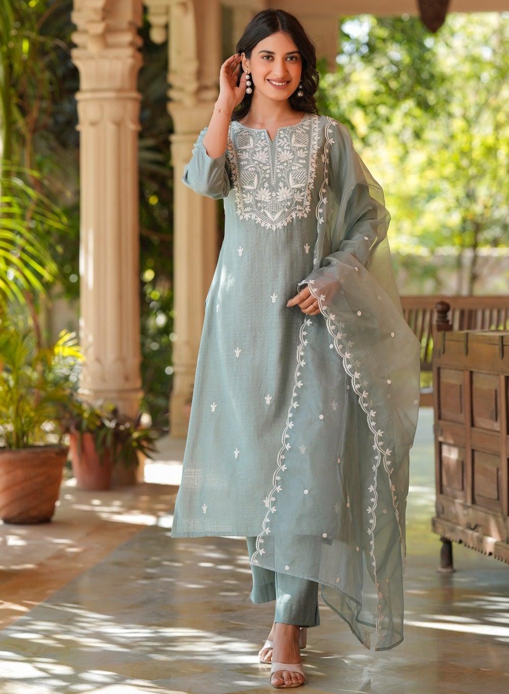 Light Blue Chinnon Embroidered Kurta 3-Piece Set - Image 1