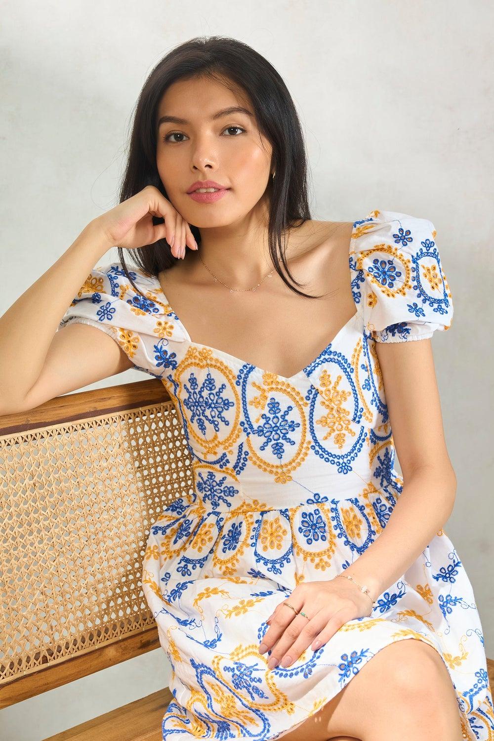 Blue and Gold Floral Print Mini Dress - Image 1