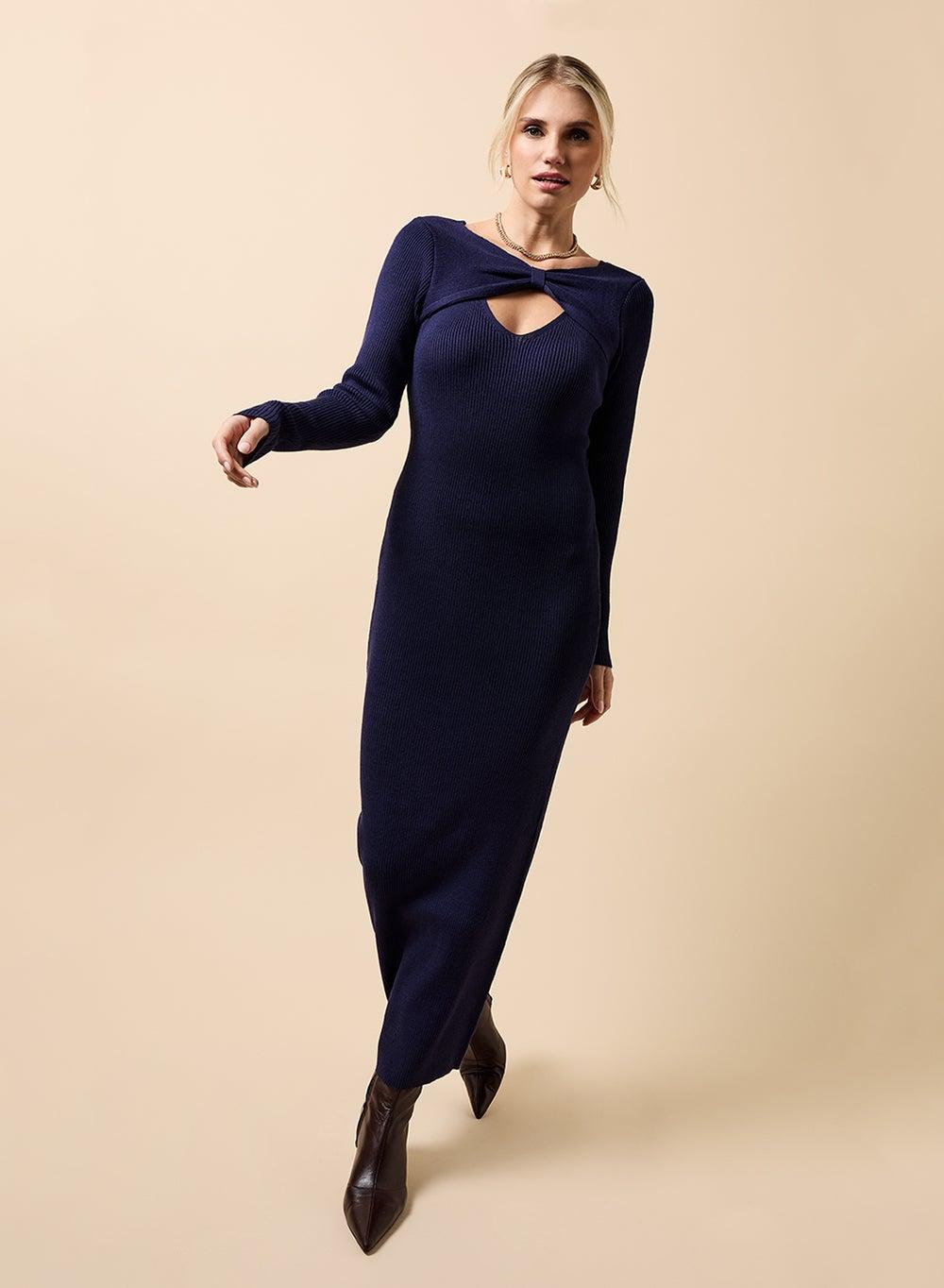 Knited Crew Neck Long Sleeve Keyhole Maxi Dress - Image 1